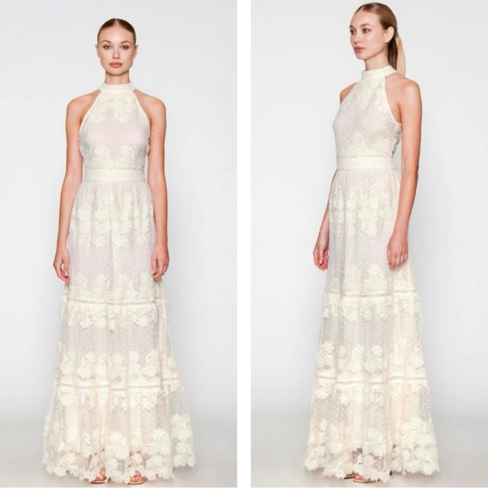 Champagne & Strawberry Tiered Maxi Dress With Crochet Trim & Floral Appliqué